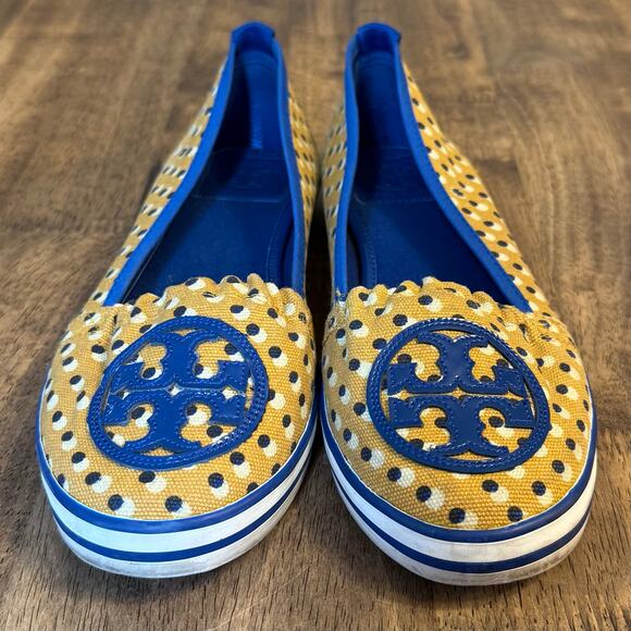Tory Burch Ballet Flat Signature Logo Canvas Polka Dot Shoe Yellow Blue Size 8 - Picture 2 of 10